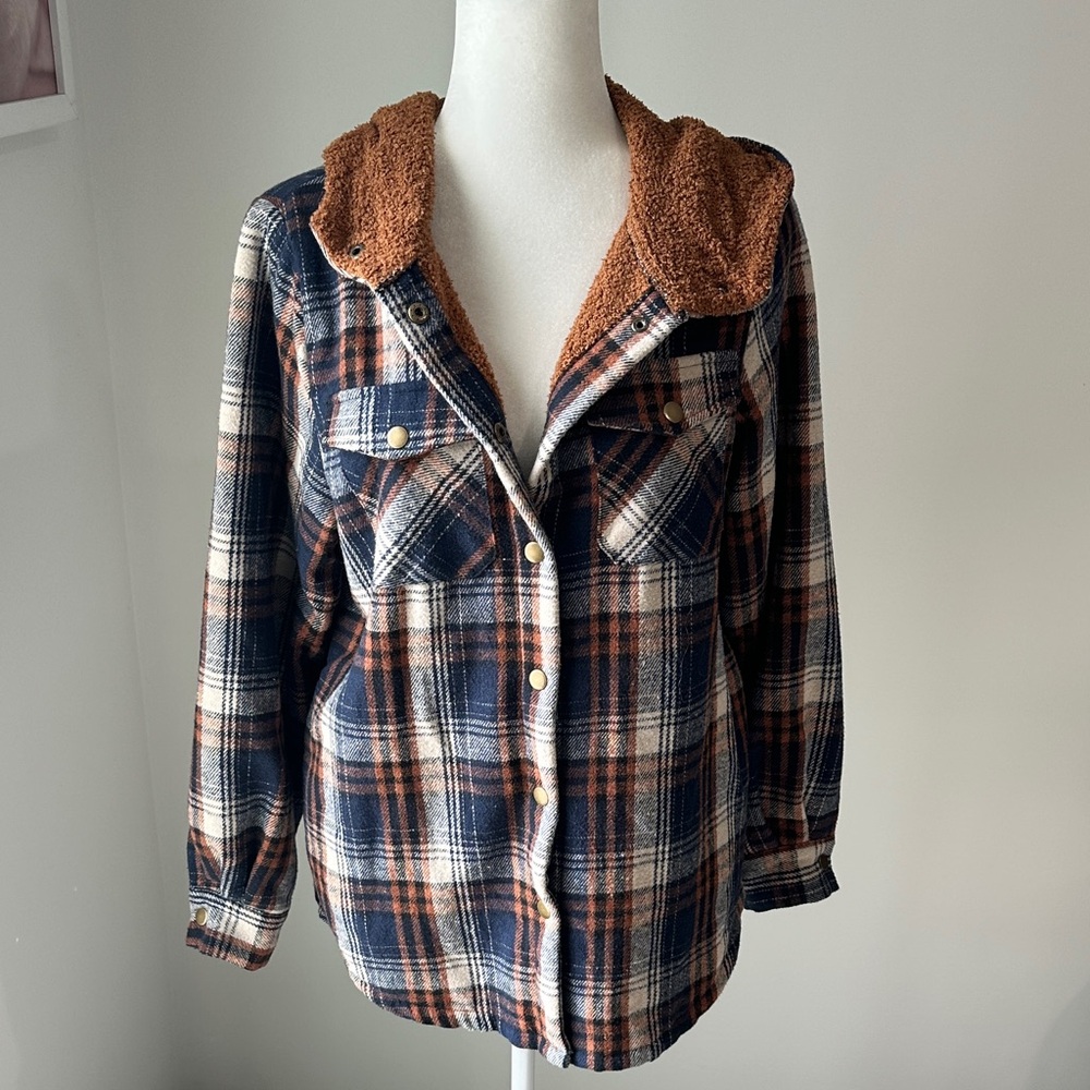 Dokotoo Womens Plaid Shacket Jacket Sherpa Fleece hood - Picture 7 of 13